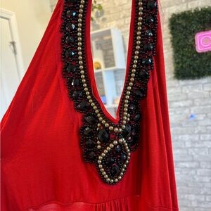 Elegant Red Maxi Dress with Beaded Neckline